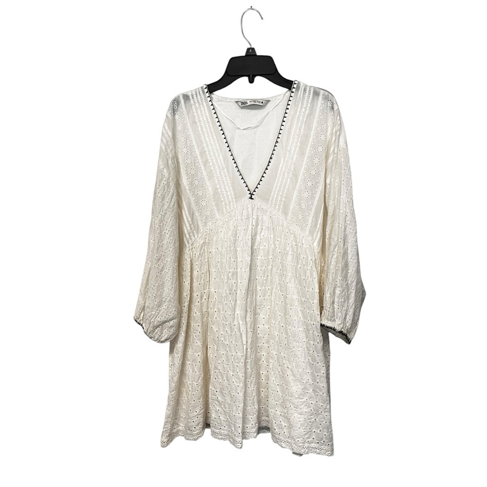Zara | White Eyelet Boho Lined V Neck Mini Dress S‎
